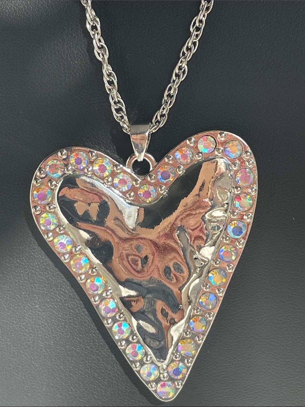 Silver Heart Pendant Necklace with Iridescent Crystal Border Matching Earrings